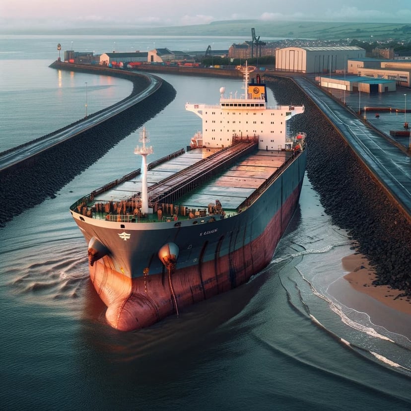 AI generated image of a cargo ship run aground in the Port of Silloth