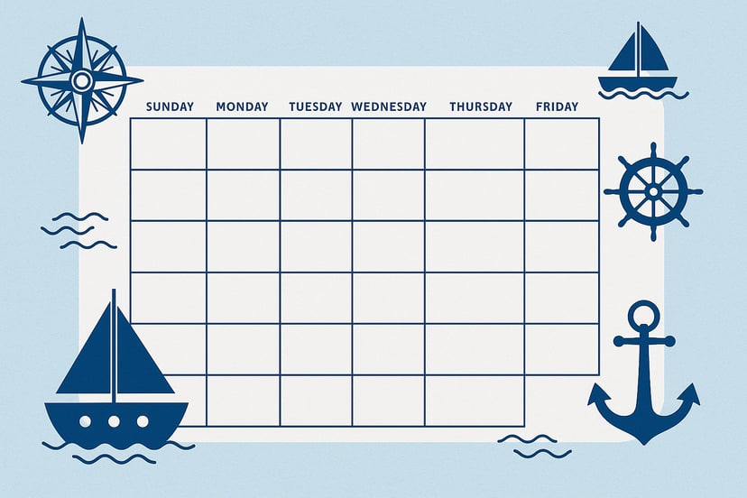 A calendar featuring nautical motifs such as a boat, anchor and compass