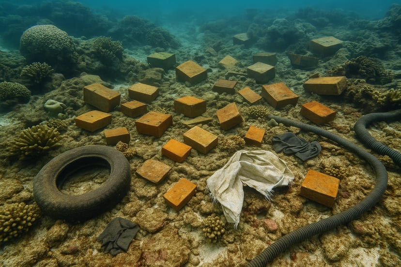 Debris including tires and bricks on a coral reef