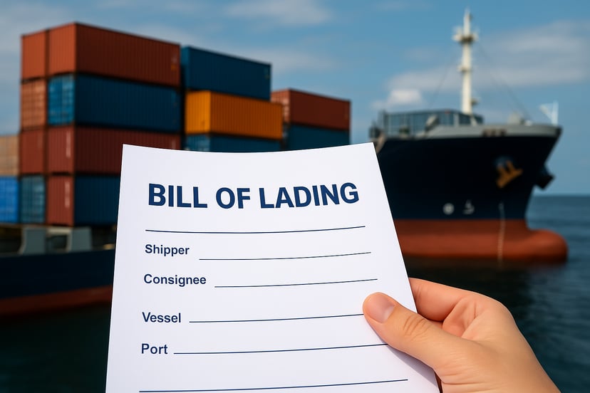 A hand holding a Bill of Lading in front of a container ship in port
