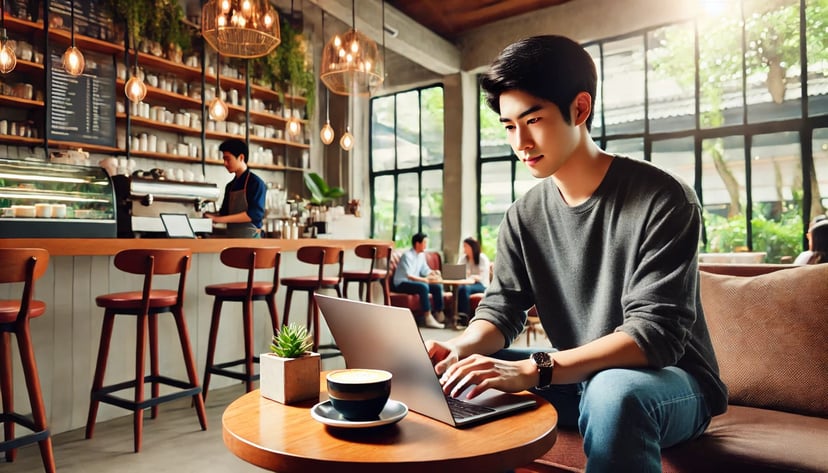 a man using his laptop in a coffee shop 