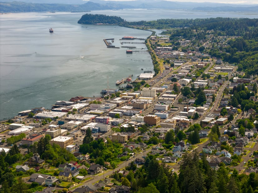 An aerial view of the port at Astoria, Oregon, USA