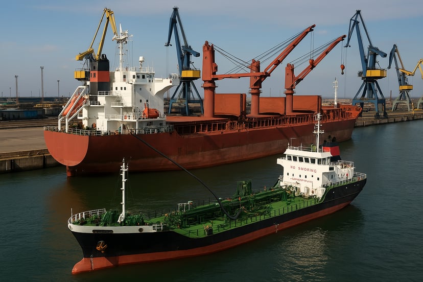 a bulk carrier in port undergoing bunkering operations