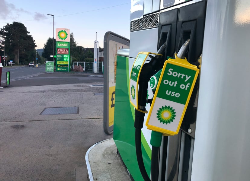 A BP petrol station with a tag on one of the pumps saying it's 'out of use'
