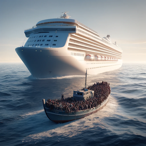 A cruise ship rescuing migrants from a small boat