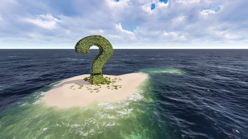 A topiary question mark on a patch of sand in the ocean