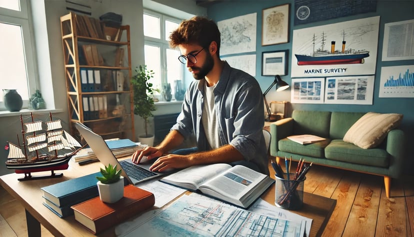 a man using his laptop while surrounded by text books and a modelship