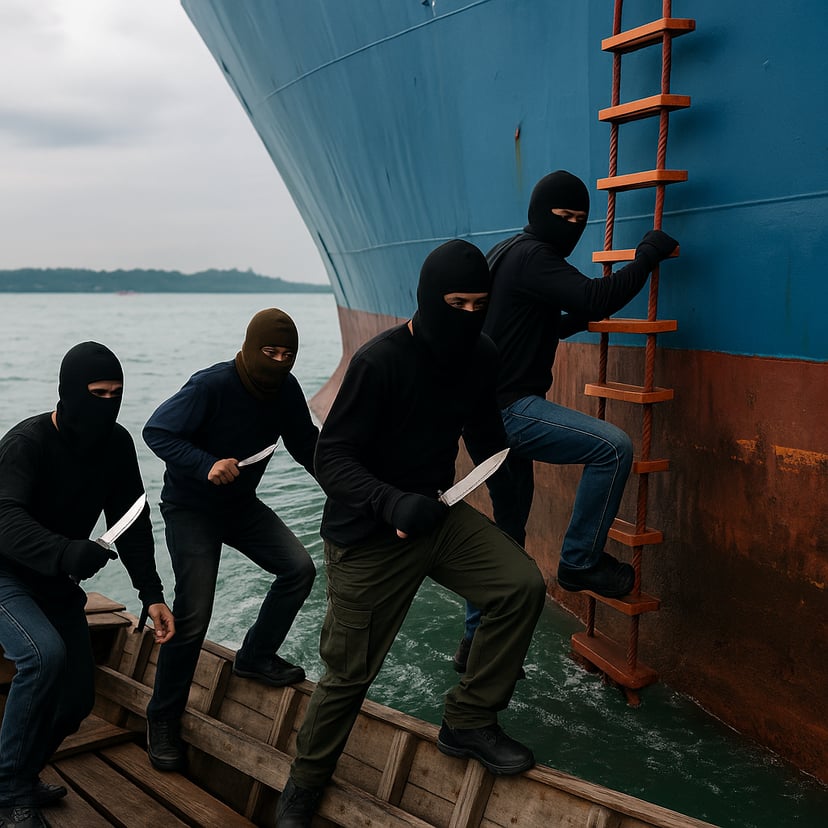 Four pirates carrying knives climbing a ladder onto a vessel