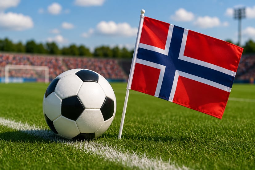 A soccer ball on a pitch and a Norwegian flag planted in the ground