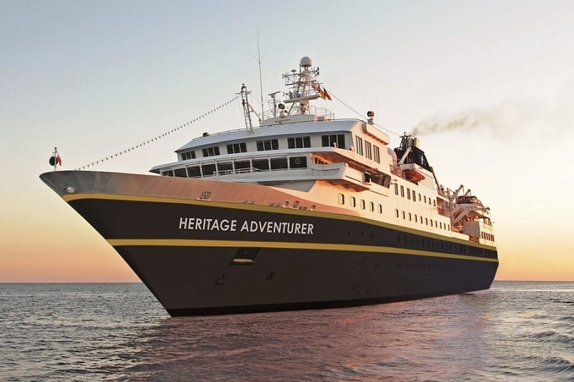 The Heritage Adventurer expedition cruise ship at sundown