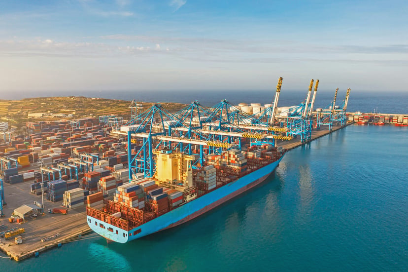 a container ship being loaded or unloaded in a port