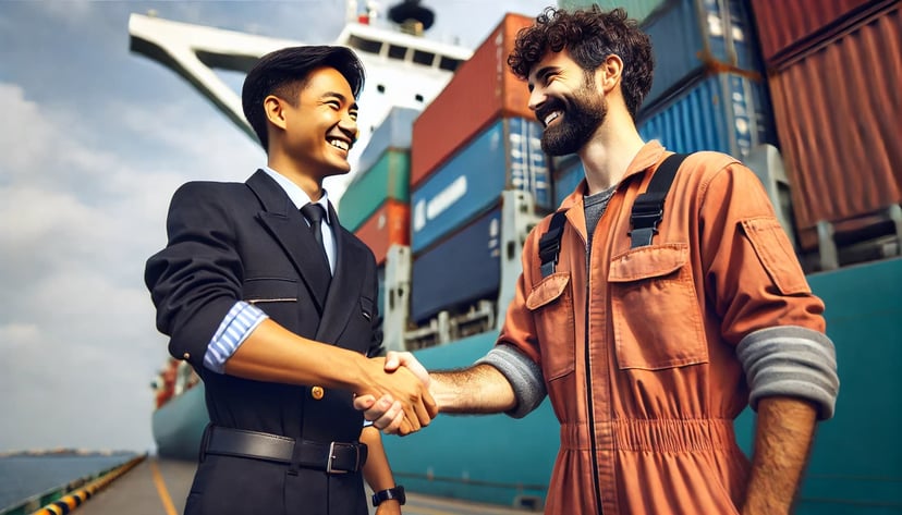 men working in maritime jobs cheerfully greeting each other on the dock