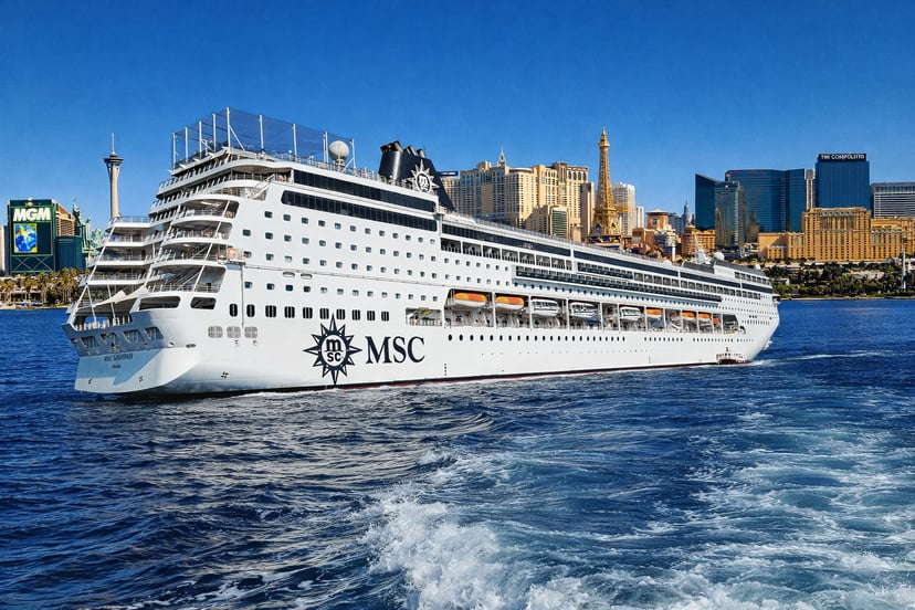 An MSC cruise ship sailing in front of the Las Vegas strip