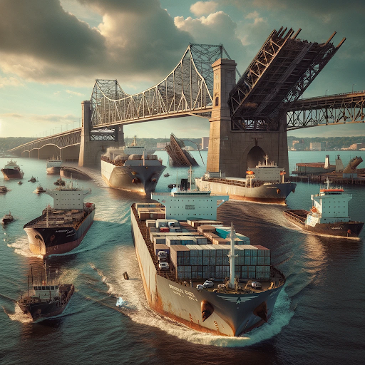 AI generated image of cargo ships sailing past the Francis Scott Key bridge