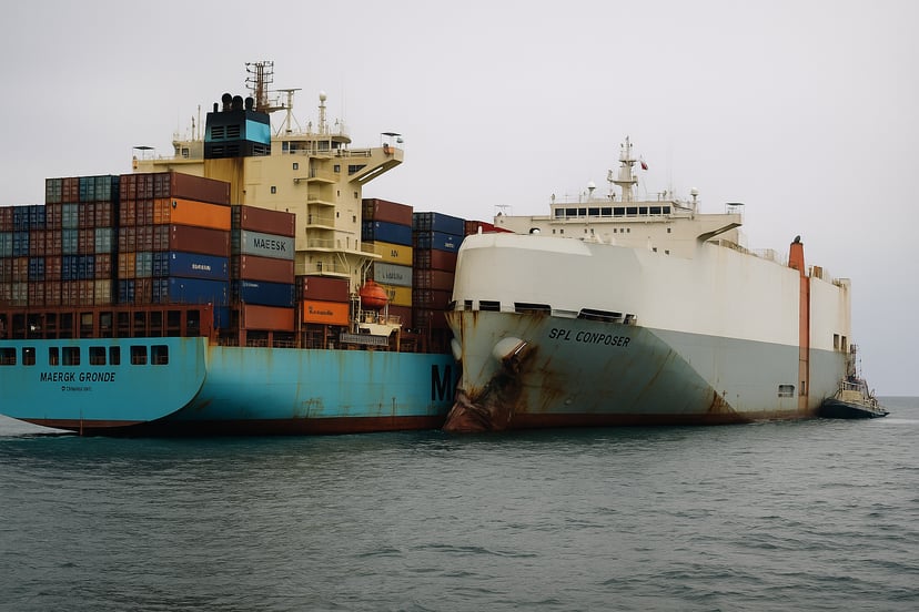 A car carrier and container ship colliding at sea
