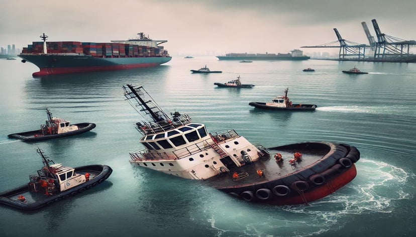 A tugboat sinking with a container ship in the background