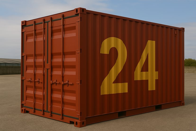 A red shipping container with the number 24 on it in gold 