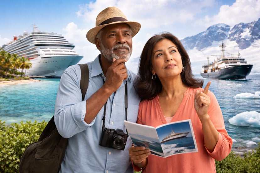 A middle ages couple looking thoughtful with a cruise ship and tropical beach to their left and a polar expedition ship to their right