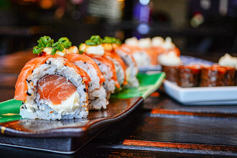 Close up of a platter of sushi