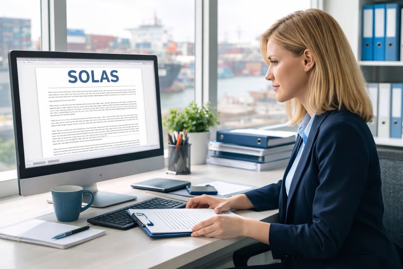 A woman in an office at a port looking at a SOLAS document on her computer screen