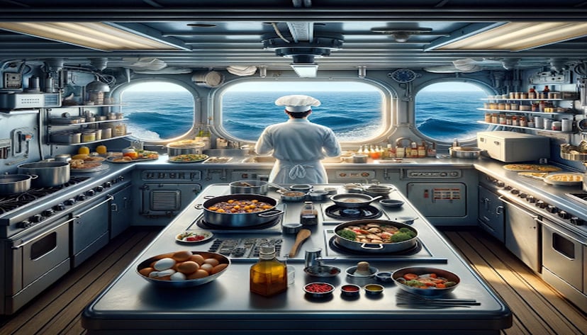 a ship's cook looking at the sea through the galley portholes
