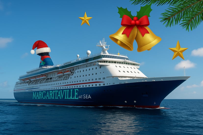 A Margaritaville at Sea cruise ship with a Santa hat on its funnel