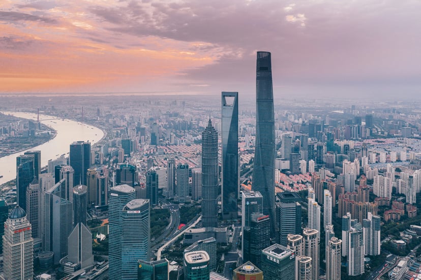 A view from up high of Shanghai's skyline and Huangpu River