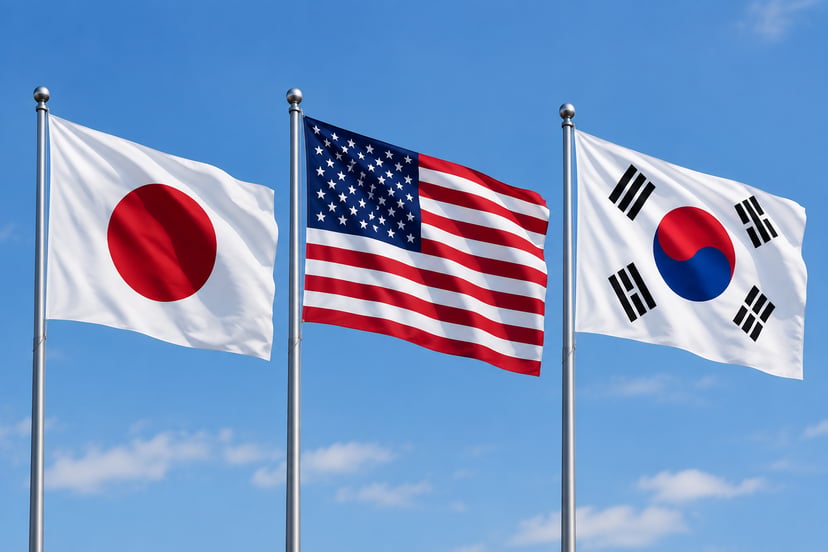 The Japanese, United States and South Korean flags flying against a blue sky