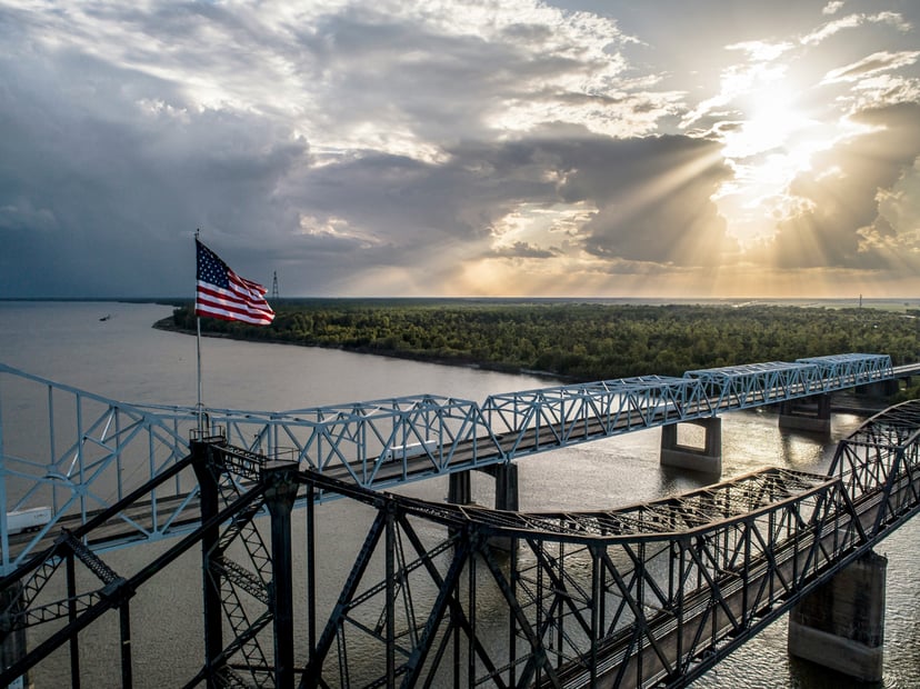 The Mississippi River at Vicksburg with the Stars and Stripes flying from the bridge