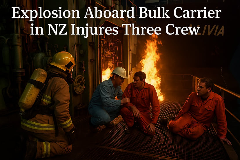 a fireman attending injured crew onboard a bulk carrier