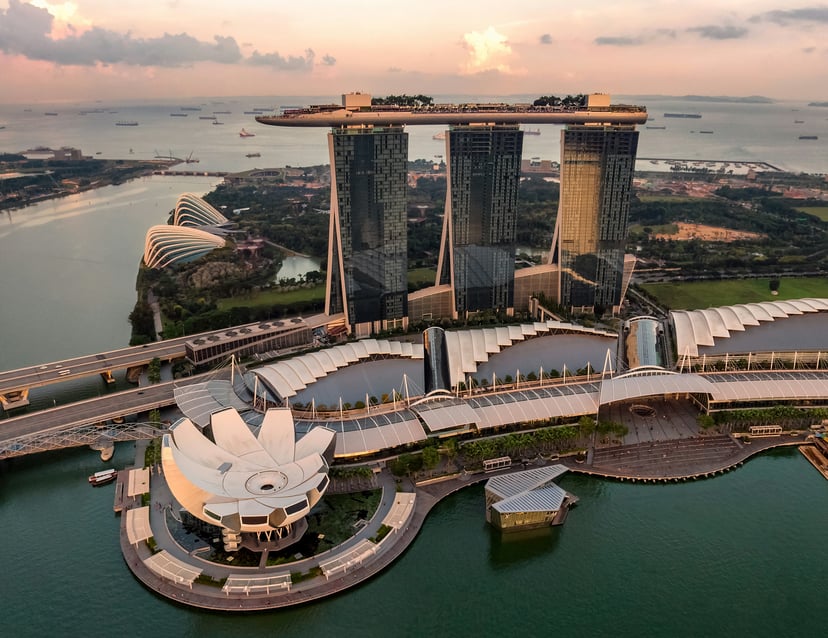 An aerial view of Singapore harbor at sundown