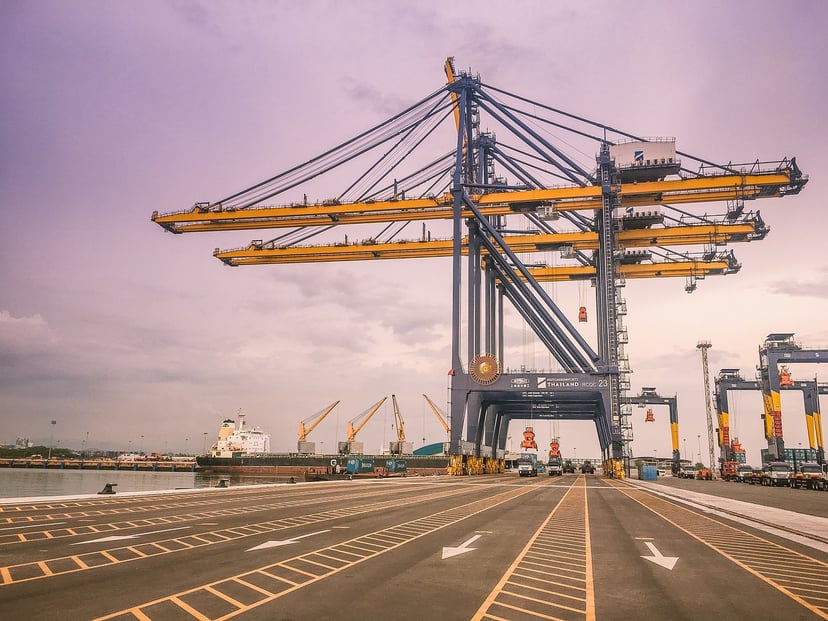 Cranes at Laem Chabang port at sunset 