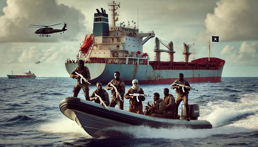 Pirates with guns in a small boat near a cargo vessel