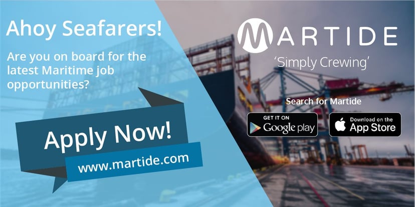 Advert for Martide's maritime jobs website showing a container ship and text advertising seafarer jobs