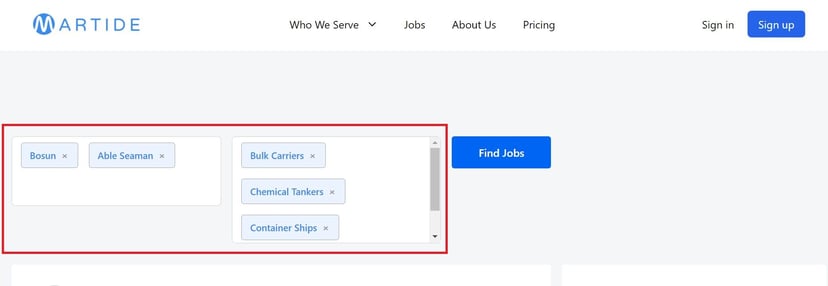 Screenshot of Martide's maritime jobs board and seafarer online resume software