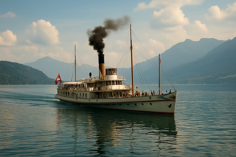 an old-fashioned steamship sailing across a lake
