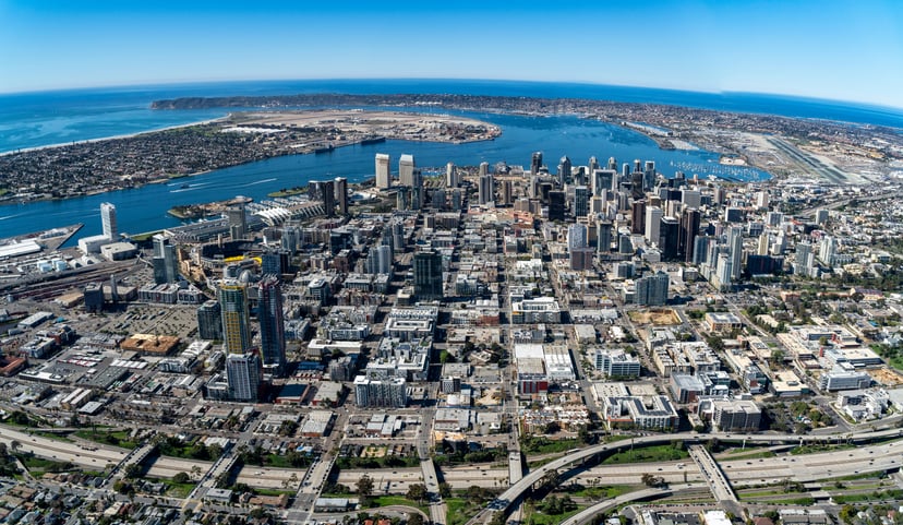 The city of San Diego with the port in the background