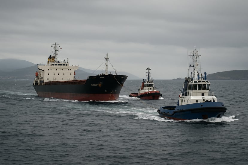 A cargo ship being assisted by two tug boats