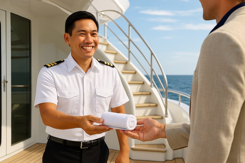 a man working in a stewards job on a yacht handing a guest a towel