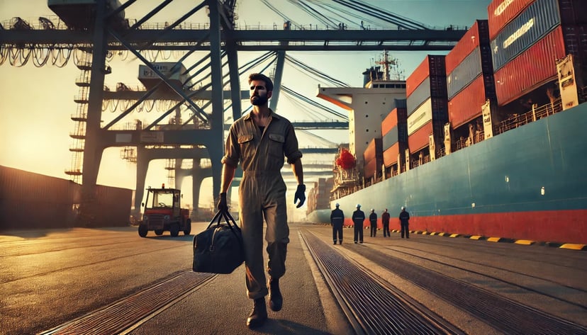 a man working in a seafarer job leaving his ship 
