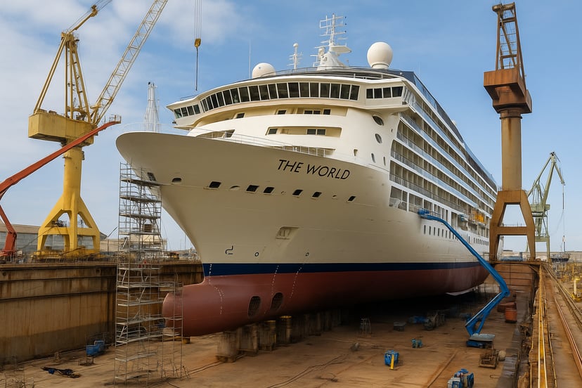 The World cruise ship in a dry dock