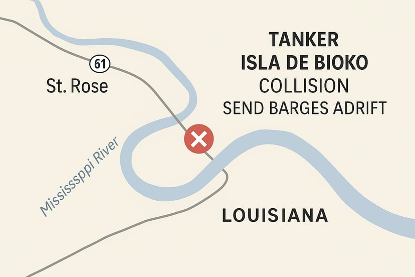 A map showing the place in the river where the tanker hit the barges