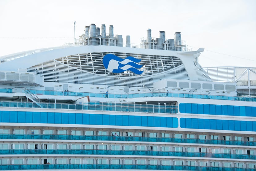 A close up of a Princess cruise ship showing the company's logo
