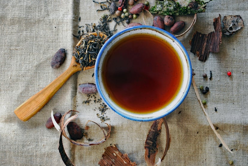 a cup of tea and tea leaves