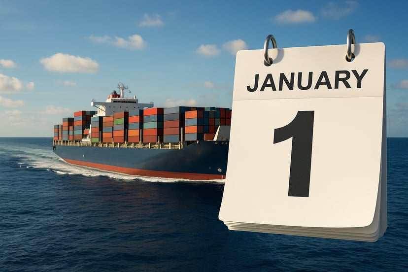 A container ship at sea with a calendar set to January 1st in the foreground
