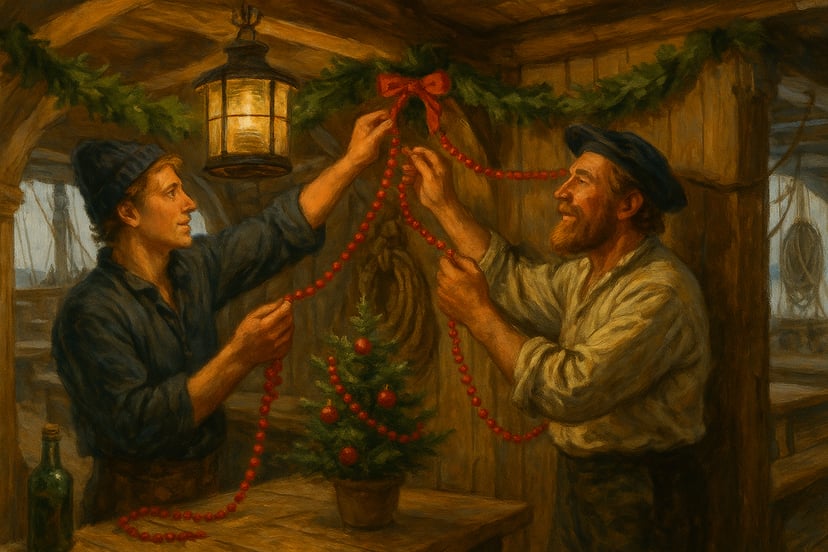 two sailors hanging basic decorations in a crew mess on a wooden sailing ship