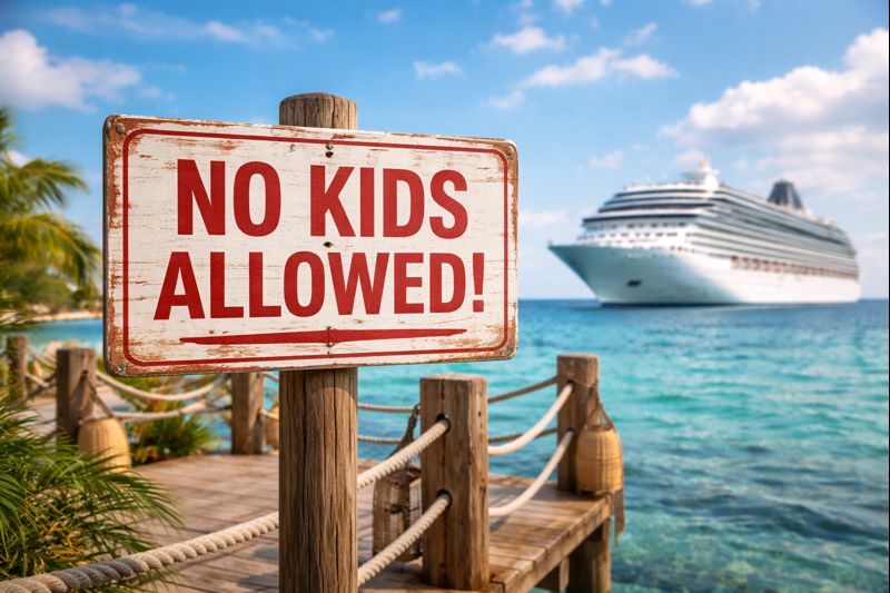 A sign on a dock saying 'No Kids Allowed' with a cruise ship in the background