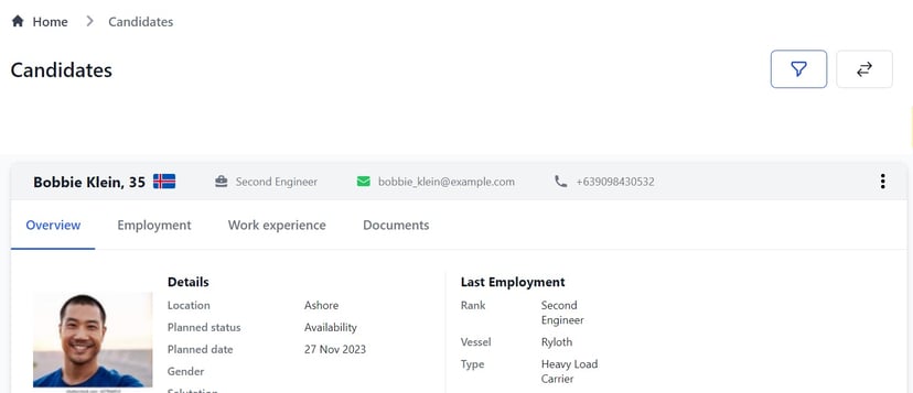 screenshot of Martide's maritime crew management software showing a seafarer's profile