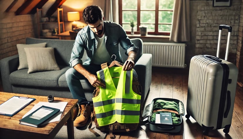 a an at home packing his suitcase with hi-vis gear to prepare for his next maritime job contract