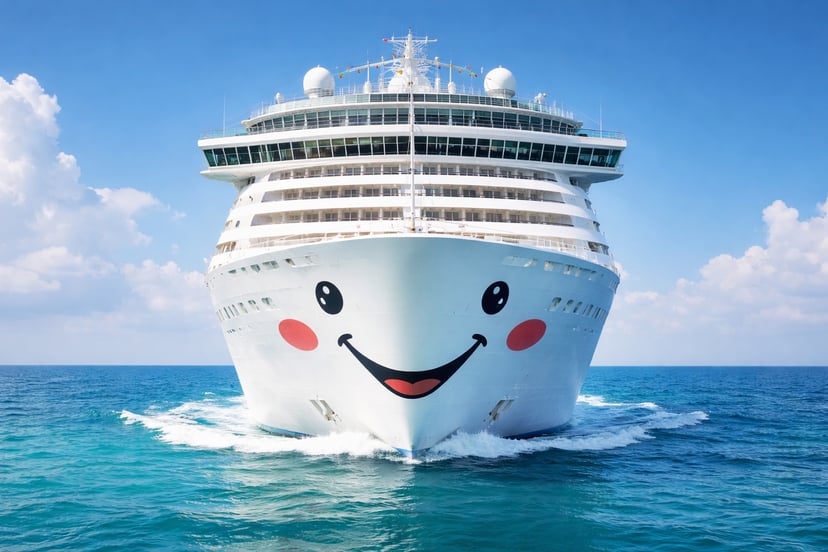 A cruise ship with a smiling face on its bow